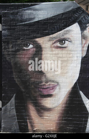 Street art portrait of Prince Rogers Nelson by Akse P19 in the Northern Quarter of Manchester Stock Photo