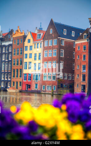 Amsterdam in the spring. Houses are along the canals. Holland Stock Photo