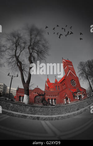 Belarussian Roman Catholic Church Of Saints Simon And Helen (Red Church) On Independence Square In Minsk, Belarus Stock Photo