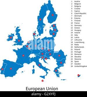 Detailed vector map of European Union and Europe countries Stock Vector