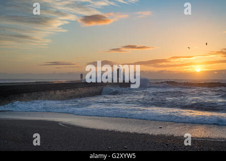 Lighthouse at sunset with rough sea, water splash around lighthouse building, flying seagulls, sunshine behind small clouds and Stock Photo