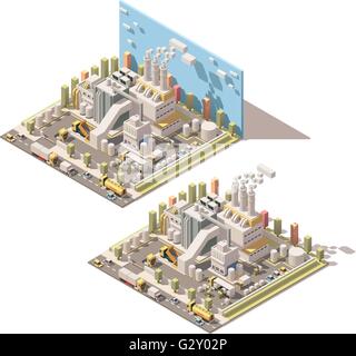 Vector isometric factory building with smoking pipes icon Stock Vector