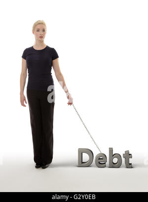 business woman chained to debt unable to get free Stock Photo