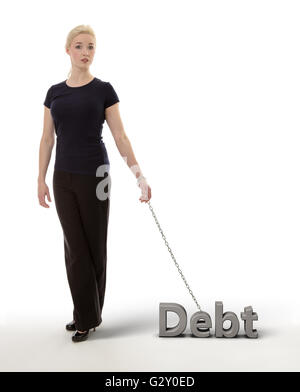 business woman chained to debt unable to get free Stock Photo