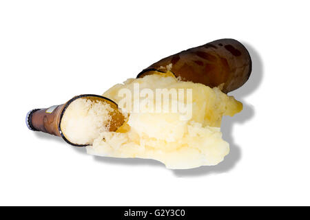 broken beer bottles because of the cold in the refrigerator. Stock Photo