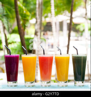 Assortment juices, smoothies, beverages, drinks Stock Photo