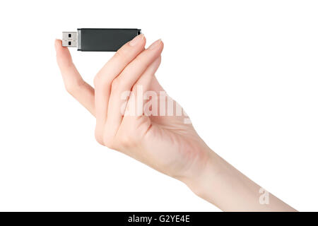 Woman hand holding usb flash memory card isolated on white with clipping path Stock Photo