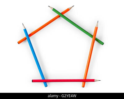 Pentagonal frame of pencils in the shape of a house. Isolated on white with clipping path Stock Photo