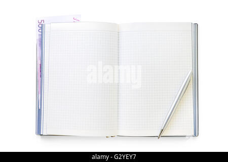 Open business diary with graph paper, pen and hidden euro note used as bookmark. Isolated on white with clipping path Stock Photo