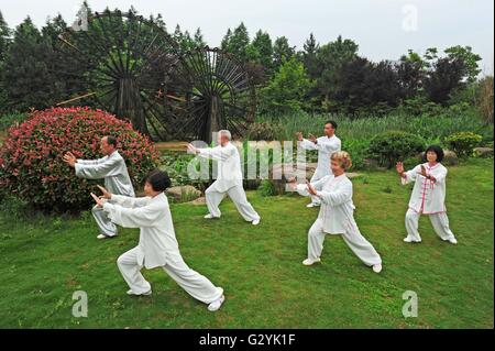 (160605) -- ANJI, June 5, 2016 (Xinhua) -- Senior people practise Tai Chi in a park in Anji County, east China's Zhejiang Province, June 2, 2016. Anji is known for its pleasant environment with flourishing bamboo plantations and many scenes from the famous movie 'Crouching Tiger, Hidden Dragon' were shot here. The county persists in green, low-carbon development, and strives to protect environment as well as to develop local economy. June 5 is observed as World Environment Day every year, and this year's theme issued by China's Ministry of Environment Protection is 'improving the quality of th Stock Photo