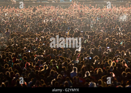 Nuremberg, Germany. 04th June, 2016. People watch a concert at the Zeppelin Stage at the 'Rock im Park' (Rock in the Park) music festival in Nuremberg, Germany, 04 June 2016. More than 80 bands are set to perform at the festival until 05 June. Photo: DANIEL KARMANN/dpa/Alamy Live News Stock Photo