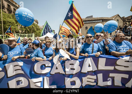 Barcelona, Catalonia, Spain. 5th June, 2016. Protestors against the Spanish River Basin Management Plan for the Ebro and the consequences it may have for the Ebro Delta and the overall environment and for the Independence of Catalonia from Spain shout slogans as they gather for a rally at the end of a march through Barcelona. Credit:  Matthias Oesterle/ZUMA Wire/Alamy Live News Stock Photo