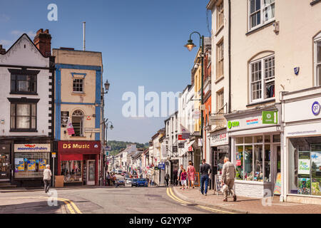 Shopping in Monmouth, a view from Agincourt Square into Monnow Street, Monmouthshire, Wales, UK Stock Photo