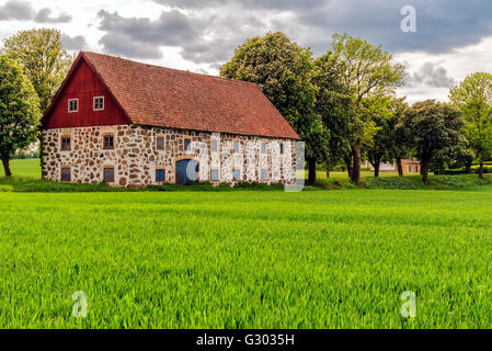 An old stone barn with wooden roof set in the rural countryside of Swedens Skane region. Stock Photo