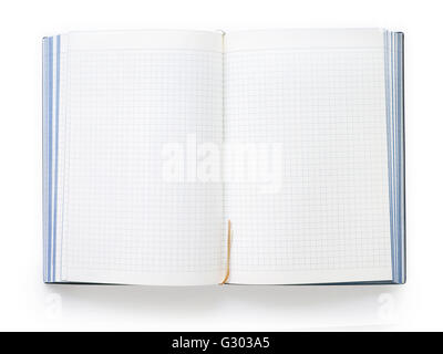 Blank open notebook with squared sheets and bookmark isolated on white background with clipping path Stock Photo