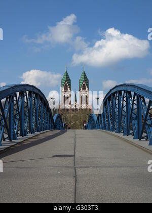 Bridge with a view towards the Sacred Heart Church, Stuehlinger district, Freiburg, Baden-Wuerttemberg Stock Photo