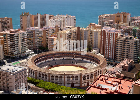 View from Monte de Gibralfaro over a bullring surrounded by skyscrapers, Málaga, Andalucia, Spain, Europe, PublicGround Stock Photo