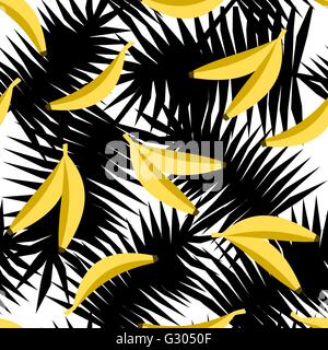 Seamless repeating pattern with bananas on black and white palm leaves background. Modern textile, greeting card, poster, wrappi Stock Vector