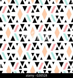 Abstract seamless repeating pattern with geometric shapes in pastel pink, blue, orange and black. Stock Vector