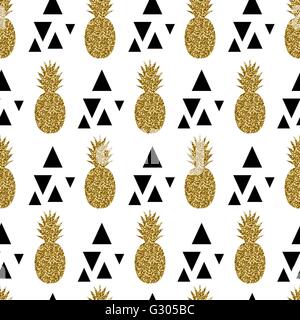 Seamless repeating pattern with gold glitter pineapples and black triangles on white background. Modern textile, greeting card,  Stock Vector