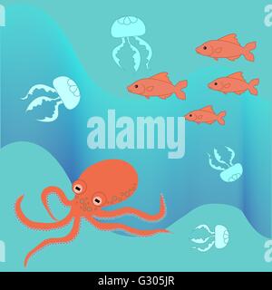 Cute illustration of sea and marine life: octopus, jellyfish, fish. Stock Vector