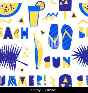 Seamless repeating pattern with decorative letters, watermelon, ice cream and other summer symbols in blue and yellow isolated o Stock Vector