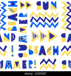 Seamless repeating pattern with decorative letters and geometric elements in blue and yellow isolated on white background. Perfe Stock Vector