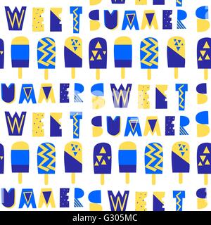 Seamless repeating pattern with decorative letters and ice cream in blue and yellow isolated on white background. Perfect for cr Stock Vector