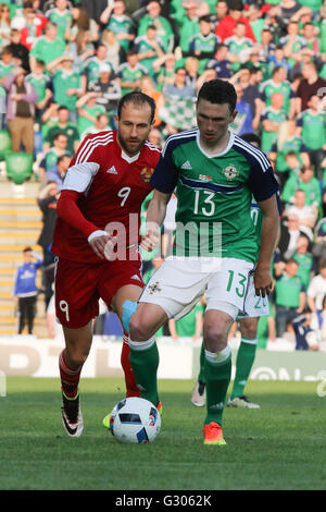 27th May 2016 - Vauxhall International Challenge (Friendly). Northern Ireland 3 Belarus 0. Northern Ireland's Corry Evans (13) and Belarus' Ihar Stasevich challenge for the ball. Stock Photo