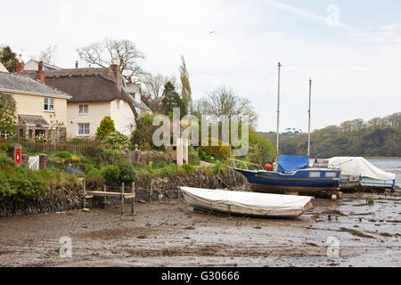 The small natural harbour at St Clement village in Cornwall at low tide on the Tresillian river Stock Photo