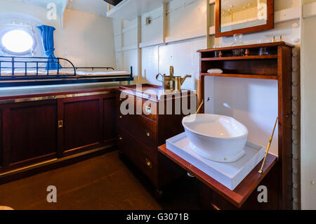 Officer's cabin and wash facilities on HMS Caroline, Belfast, the last surviving ship from the Battle of Jutland. Stock Photo