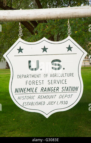 Station entrance sign, Ninemile Remount Depot and Ranger Station, Lolo National Forest, Montana Stock Photo