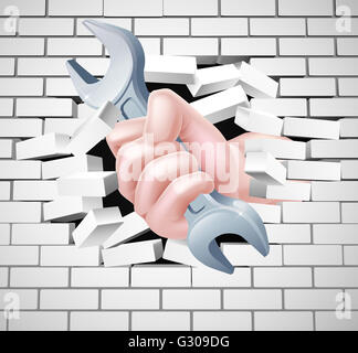 Conceptual illustration of a hand holding a spanner breaking through a white brick wall Stock Photo