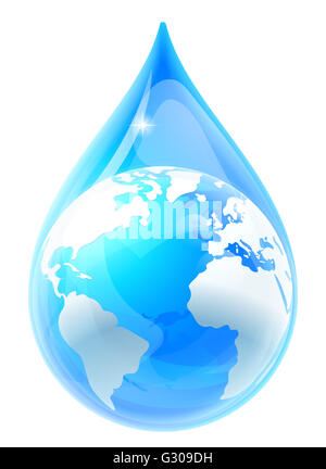 A conceptual illustration of a water or rain drop droplet with a world earth globe inside Stock Photo