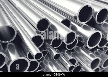 Heap of shiny metal steel pipes with selective focus effect. 3d illustration Stock Photo