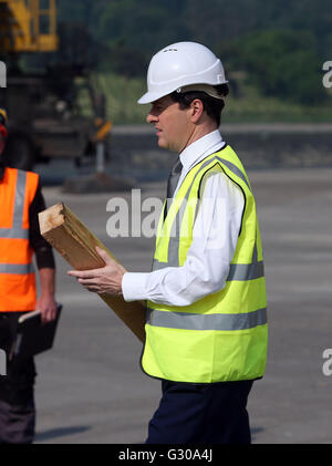 Chancellor George Osborne during a visit to Warrenpoint Harbour in Co Down, where he warned that Brexit would trigger a 'profound economic shock' in Northern Ireland and result in an inevitable hardening of the Irish border. Stock Photo