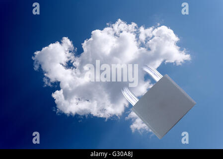 White cloud and a closed metal padlock for technology and computing based security concepts and ideas. Copy space area for inter Stock Photo