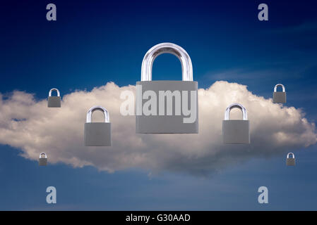 White cloud and seven closed padlocks for technology and computing based security concepts and ideas. Copy space area for data Stock Photo
