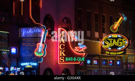 Neon signs and historic music clubs along Lower Broadway in Nashville, Tennessee, United States of America, North America Stock Photo