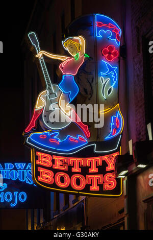 Neon signs and historic music clubs along Lower Broadway in Nashville, Tennessee, United States of America, North America Stock Photo