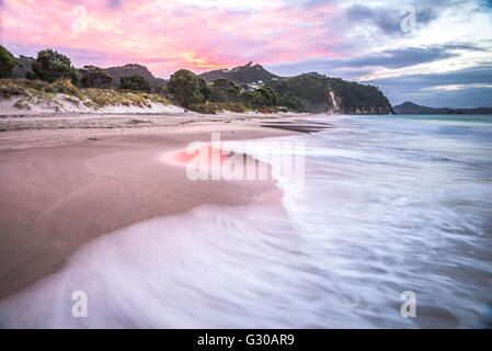 Sunset at Hahei Beach, Coromandel Peninsula, North Island, New Zealand, Pacific Stock Photo