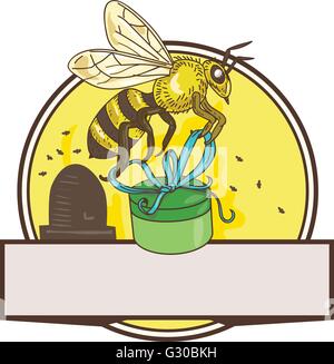 Drawing sketch style illustration of a worker honey bee carrying a round gift box present with skep in the background set inside circle. Stock Vector