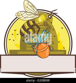 Drawing sketch style illustration of a worker honey bee carrying a honey pot with ribbon with skep in the background set inside Stock Vector