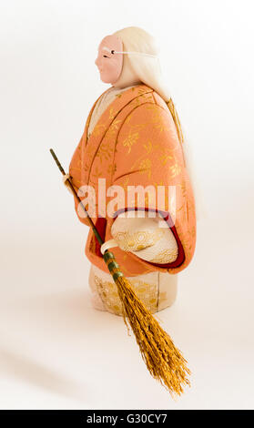 The Antique Kimekomi Japanese doll old woman Uba depicting a Noh play, 'The Old Couple from Takasago. Stock Photo