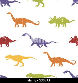 Seamless pattern with colorful dinosaurs on white background. Stock Vector