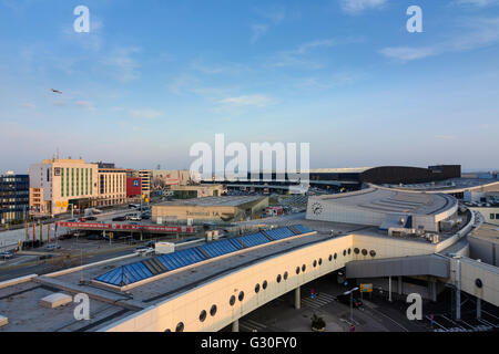 Vienna International Airport : Terminal building and plane taking off, Austria, Niederösterreich, Lower Austria Donau, Schwechat Stock Photo