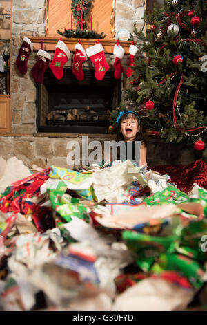 Child screaming cause she has no more gifts to unwrap Stock Photo