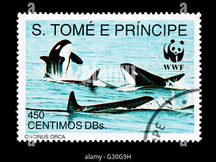 Postage stamp from Saint Thomas and Prince Islands depicting a pod of killer whales (Orcinus orca) Stock Photo