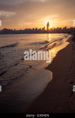 Golden sunset on the Poniente beach in Benidorm Stock Photo