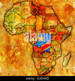 democratic republic of congo on actual vintage political map of africa with flags Stock Photo